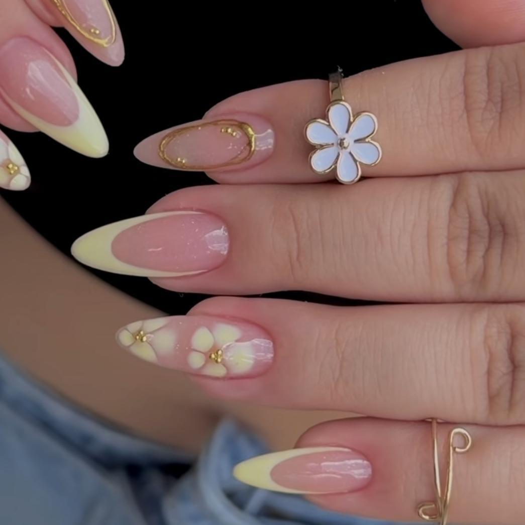 Soft Yellow Floral Almond Press-On Nails