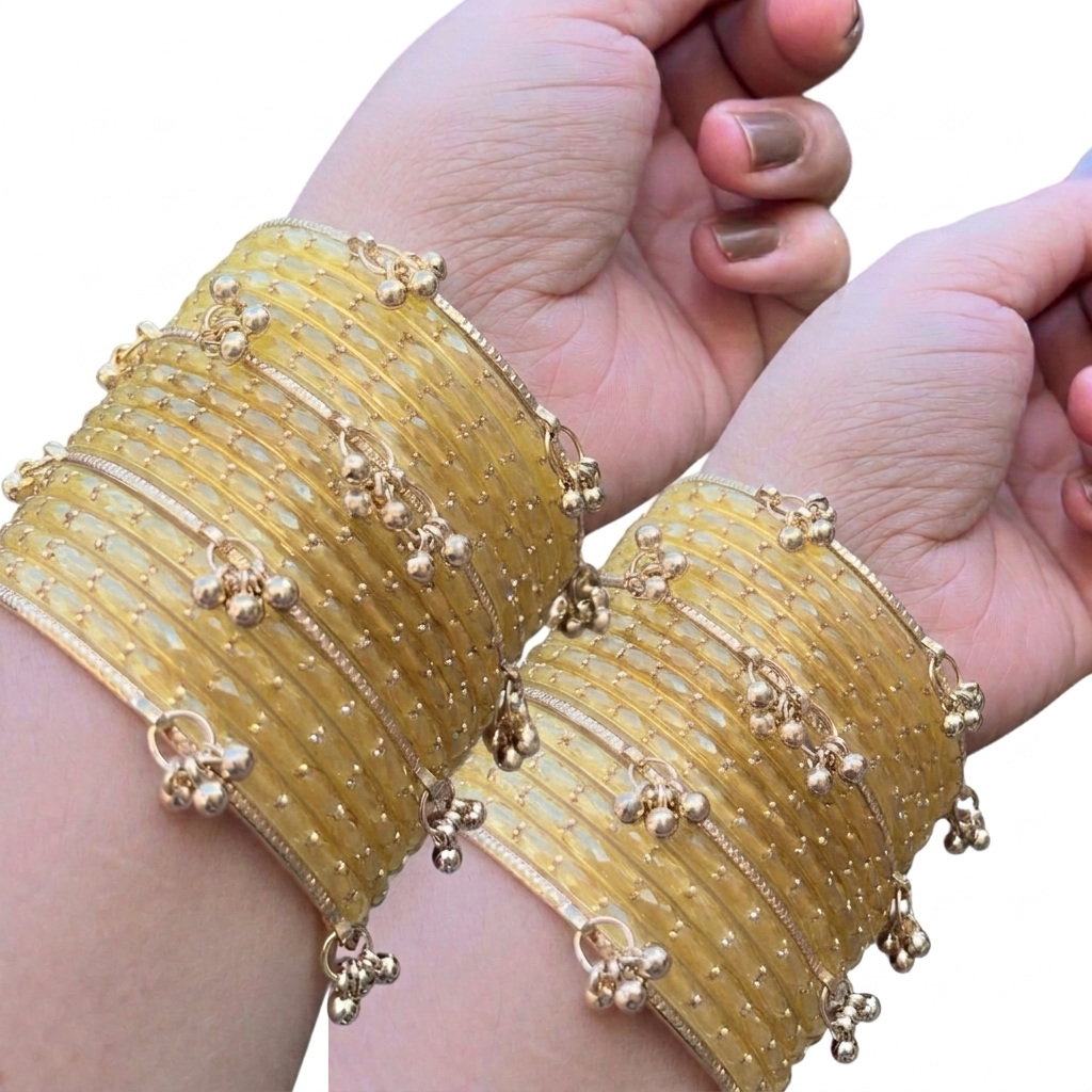Viral Kashmiri Ghungroo Glass Bangle Set-1 dozen - Light yellow (12 Simple 4 Ghungroo Bangles)
