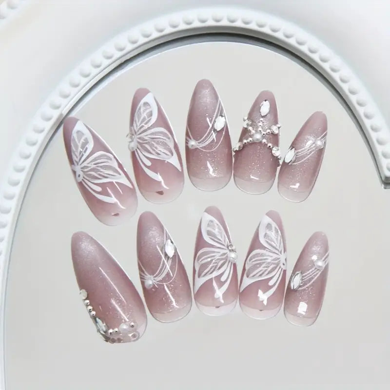 3D Starry Cat Eye Line Rhinestone Butterfly Press-on Nails