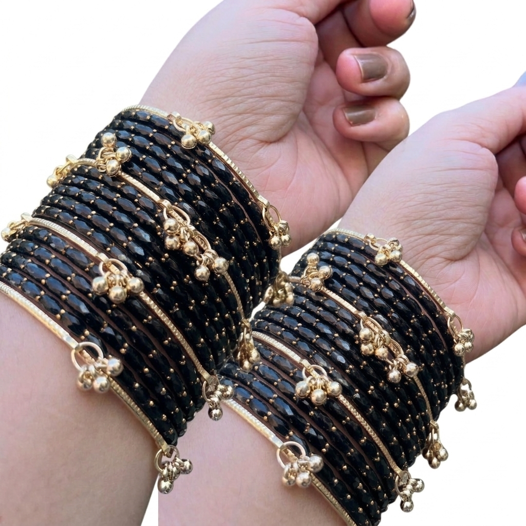 Viral Kashmiri Ghungroo Glass Bangle Set-1 dozen - Black (12 Simple 4 Ghungroo Bangles)