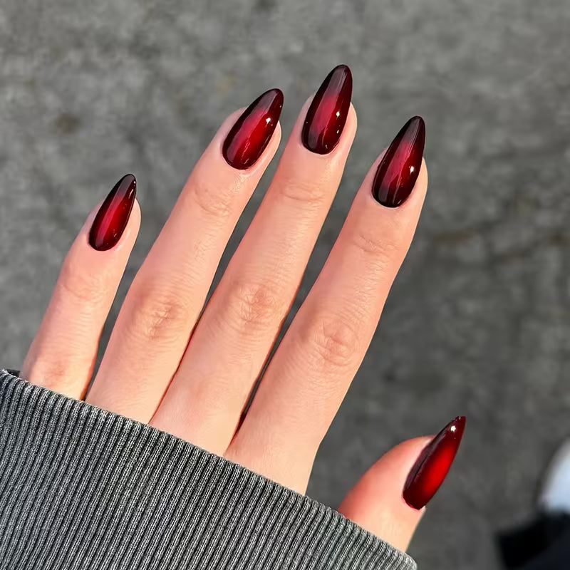 Wine Red Ombre Almond Pressons Nails